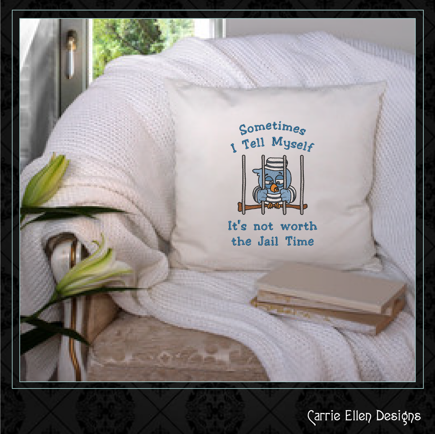 Jail Bird Machine Embroidery Design – "Not Worth Jail Time" Funny Saying and Quote, 6 Sizes (2171)