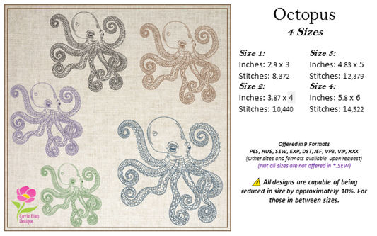 Octopus Machine Embroidery Design – Coastal Marine Animal Pattern, Sea Life Embroidery File, 4 Sizes (0466)