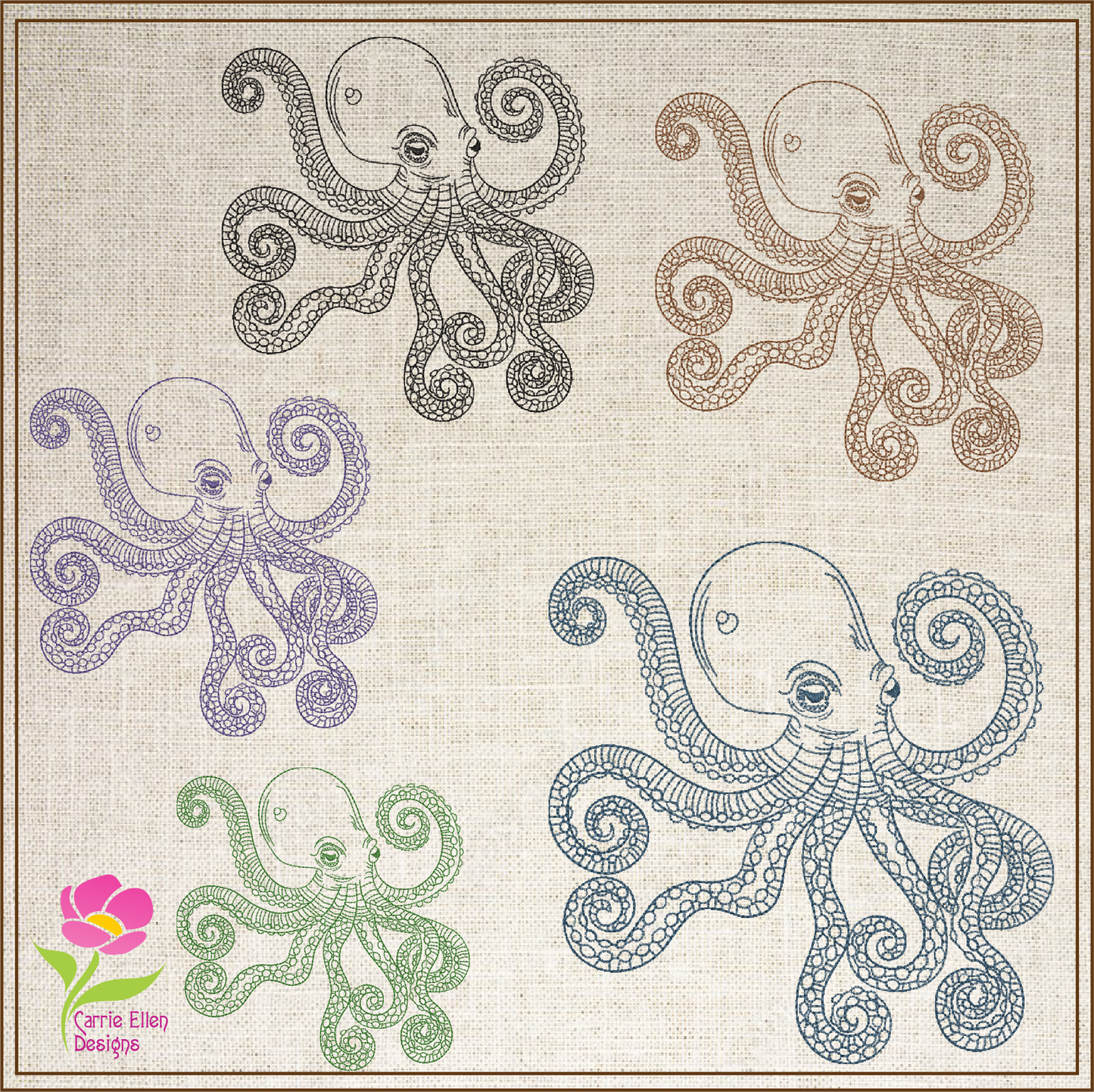 Octopus Machine Embroidery Design – Coastal Marine Animal Pattern, Sea Life Embroidery File, 4 Sizes (0466)
