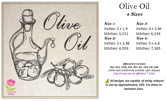Olive Oil Machine Embroidery Design – Cooking Oil Bottle Sketch Line Art, Olive Carafe Embroidery, Mediterranean Kitchen Décor, 4 Sizes (0451)