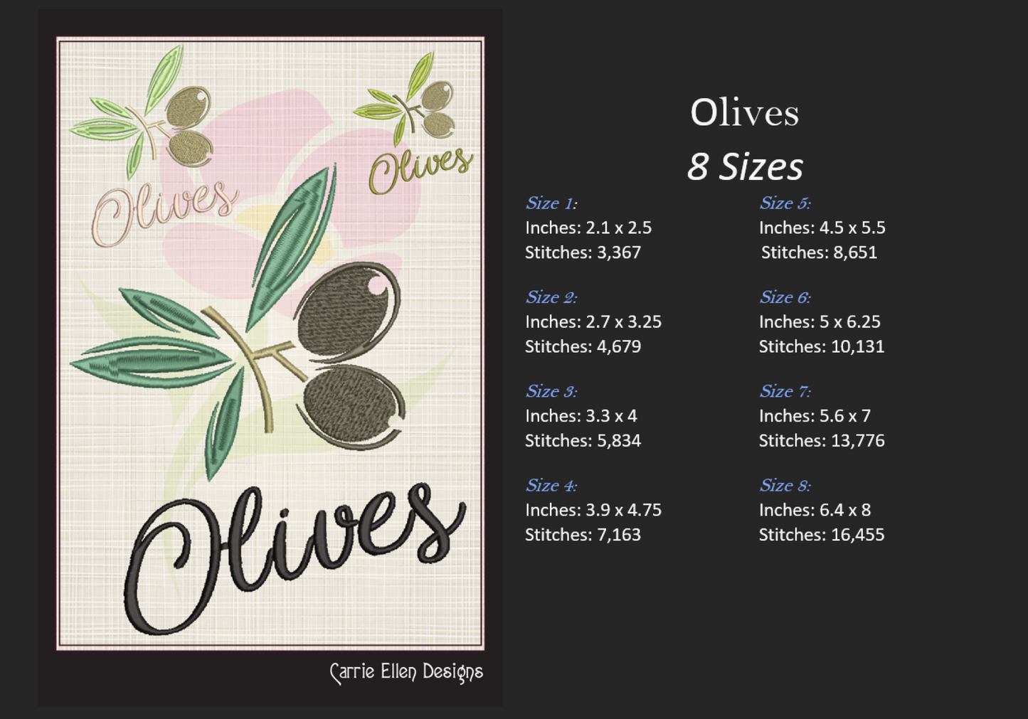 Olives Machine Embroidery Design | Olive Branch Orchard Fruits Design | Botanical Embroidery Pattern | 8 Sizes (0985)
