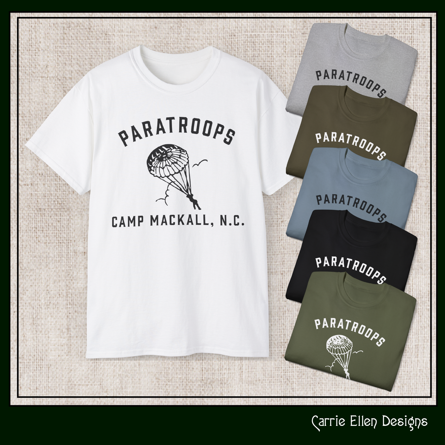 Camp Mackall Paratroops Short Sleeve T-Shirt – Vintage WWII Military Camp Design – Heavyweight 100% Cotton Tee (P-6032)