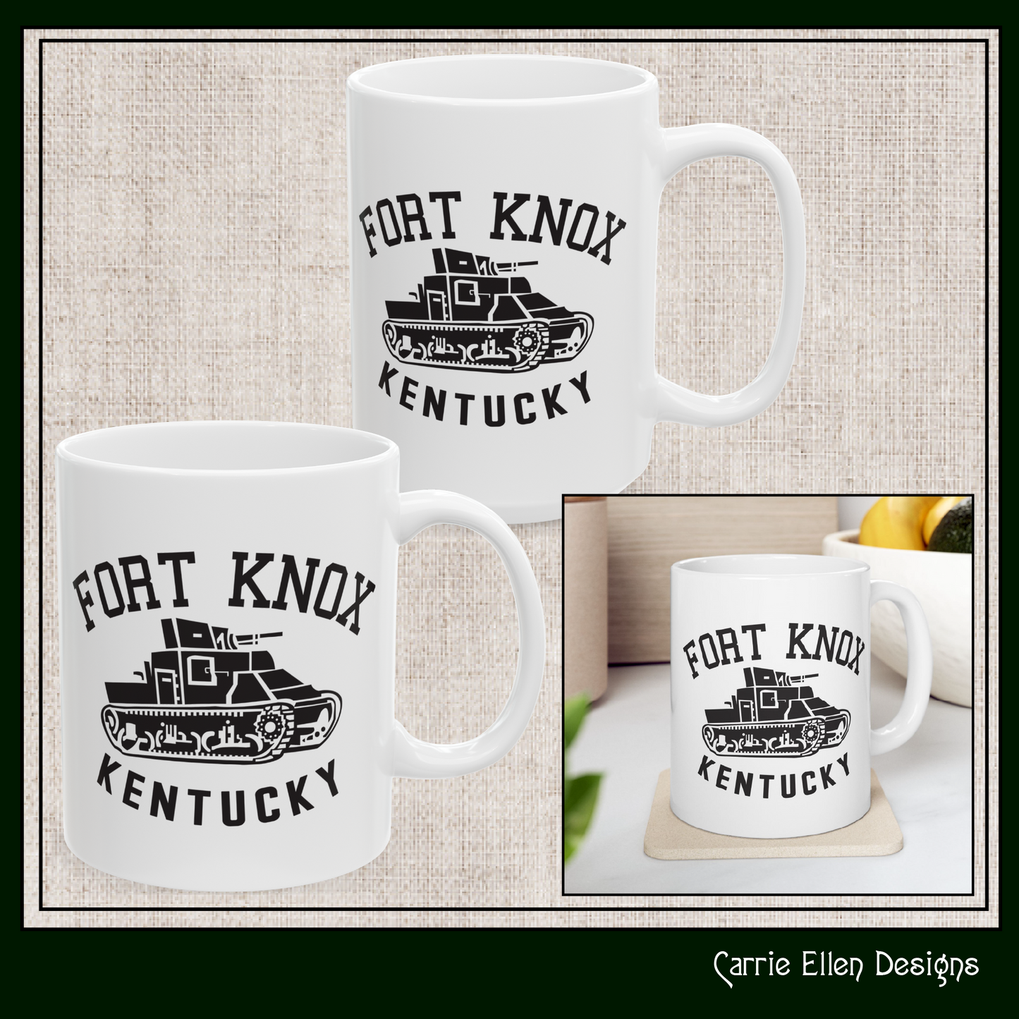 Fort Knox Kentucky Army Tank Ceramic Mug – Vintage WWII U.S. Army Graphic Reproduction – 11oz & 15oz Sizes (P-6048)