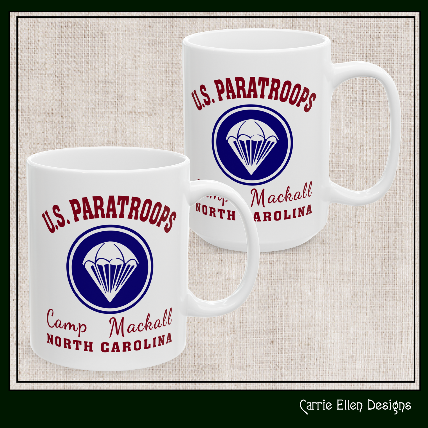 US Paratroops Camp Mackall North Carolina Ceramic Mug – Vintage WWII U.S. Army Graphic Reproduction – 11oz & 15oz Sizes (P-6056)