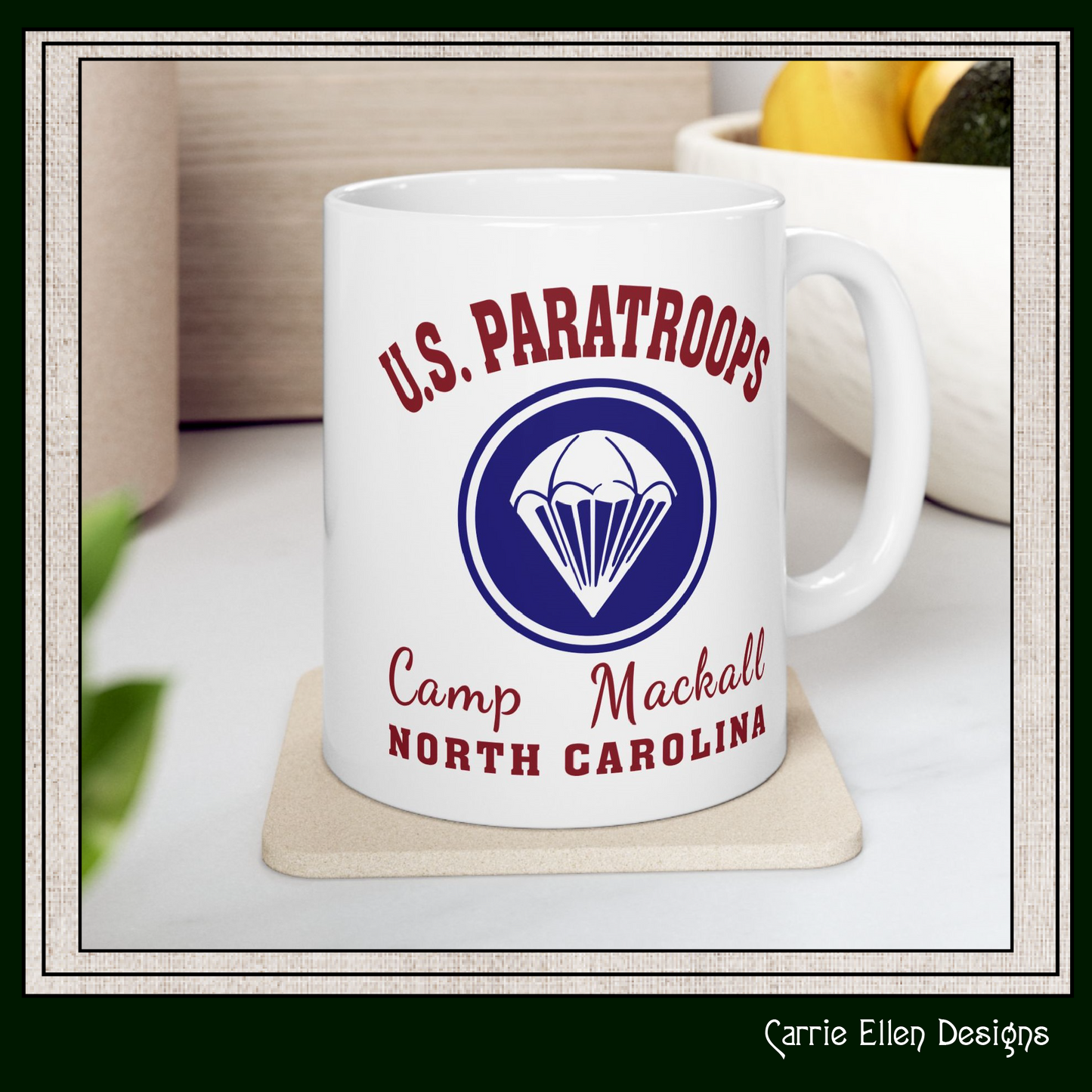 US Paratroops Camp Mackall North Carolina Ceramic Mug – Vintage WWII U.S. Army Graphic Reproduction – 11oz & 15oz Sizes (P-6056)