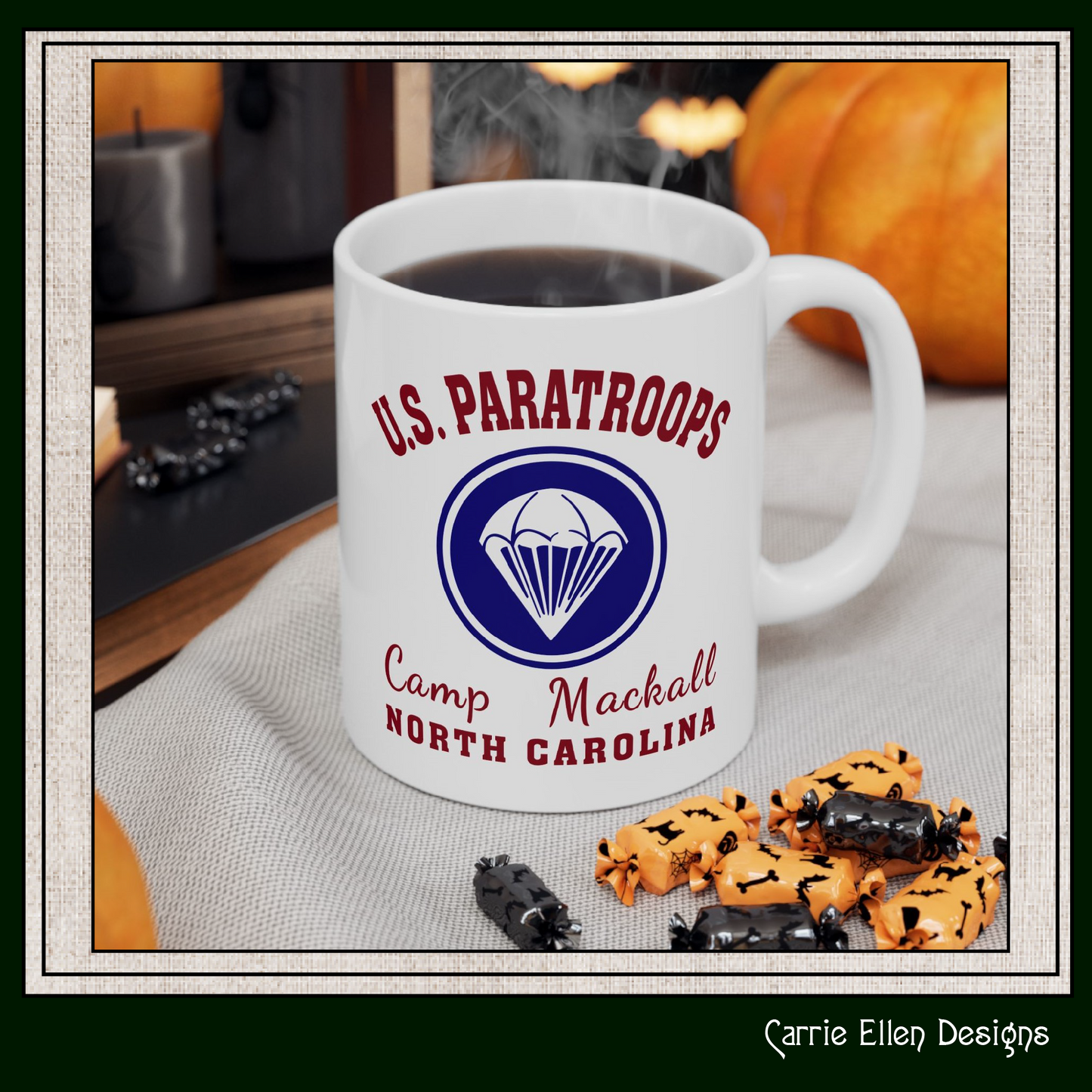 US Paratroops Camp Mackall North Carolina Ceramic Mug – Vintage WWII U.S. Army Graphic Reproduction – 11oz & 15oz Sizes (P-6056)