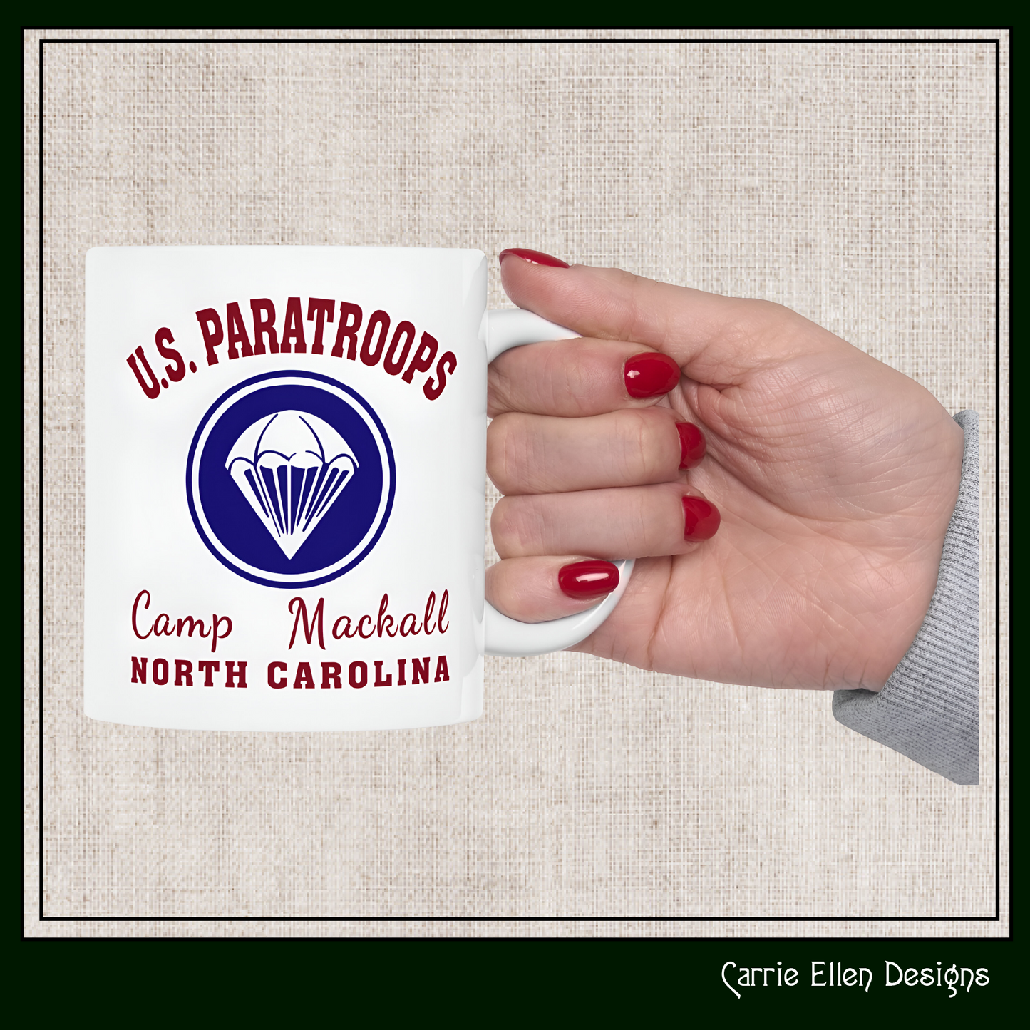US Paratroops Camp Mackall North Carolina Ceramic Mug – Vintage WWII U.S. Army Graphic Reproduction – 11oz & 15oz Sizes (P-6056)