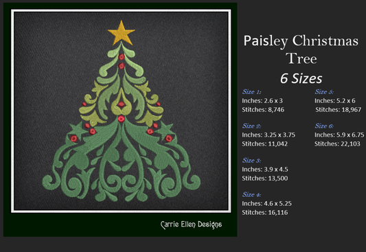 Christmas Embroidery Design – Paisley Christmas Tree Machine Embroidery Pattern – Holiday Design in 6 Sizes (1190)