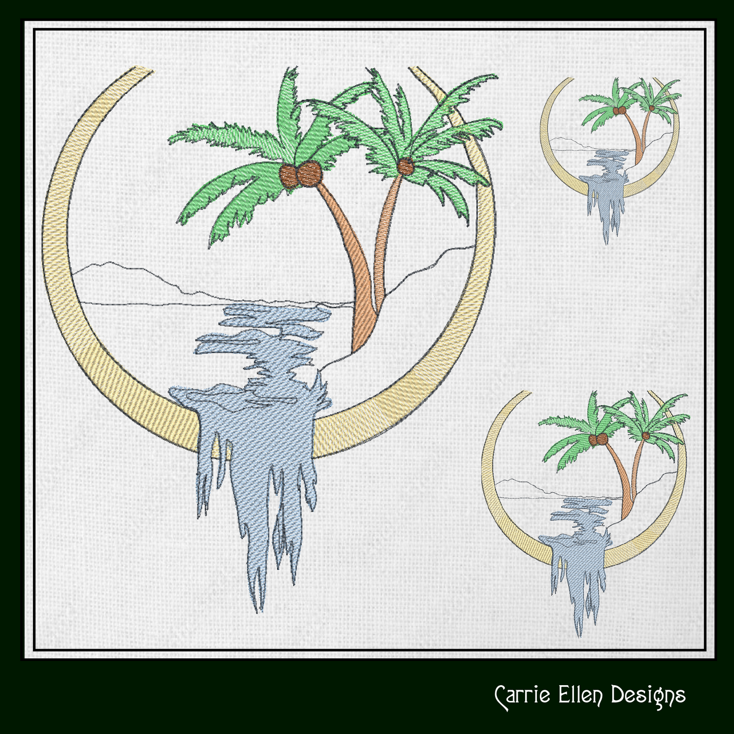Palm Tree Lakeside Frame Machine Embroidery Design | Tropical Waterfall & Stream Sketch | Light Density Line Art | 6 Sizes (1714)