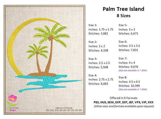 Tropical Island Machine Embroidery Design – Palm Tree Sunset Beach Scene – Coastal Paradise Design in 8 Sizes (0293)