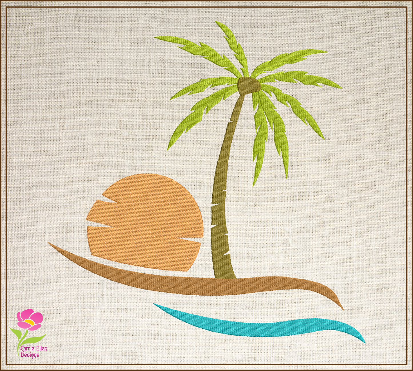Tropical Island Machine Embroidery Design – Palm Tree & Sunset Patterns, 8 Sizes (0538)