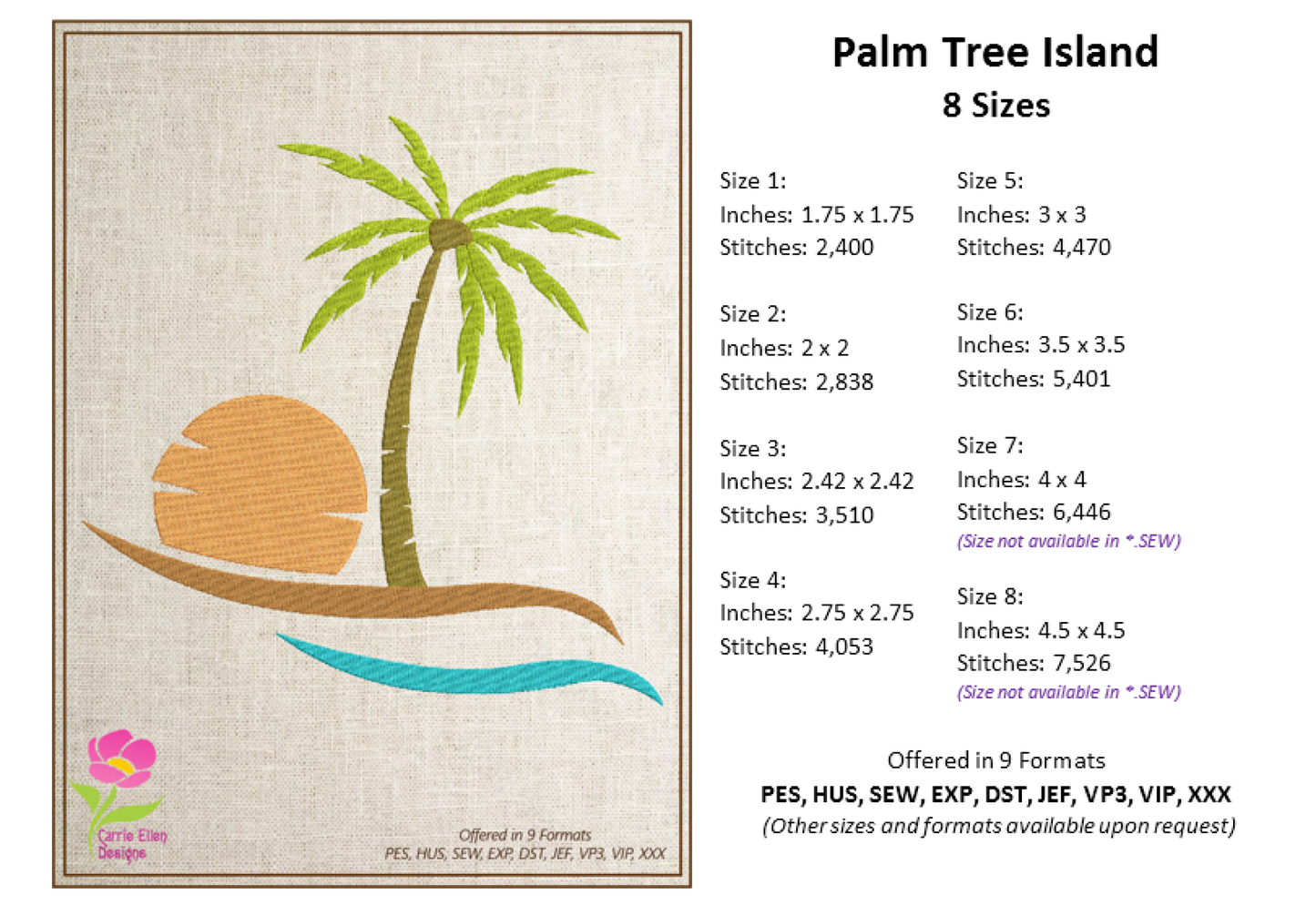 Tropical Island Machine Embroidery Design – Palm Tree & Sunset Patterns, 8 Sizes (0538)