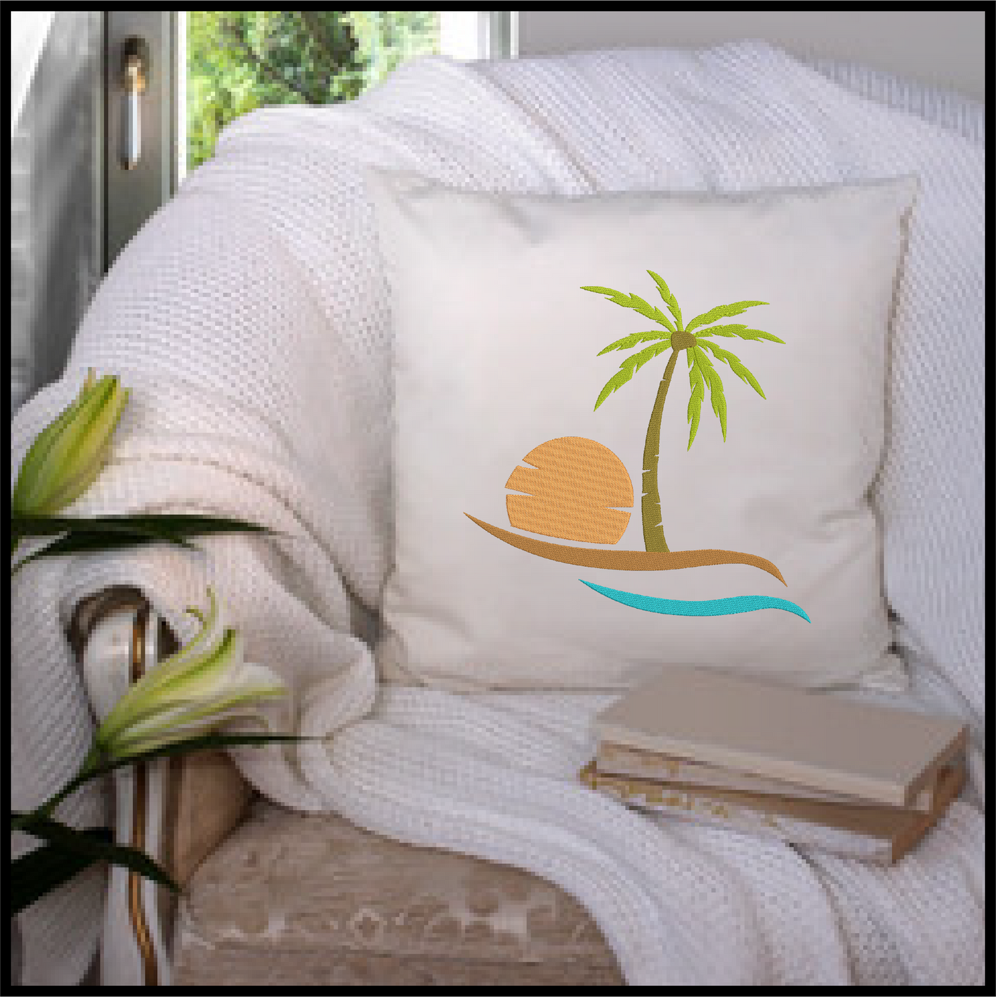Tropical Island Machine Embroidery Design – Palm Tree & Sunset Patterns, 8 Sizes (0538)