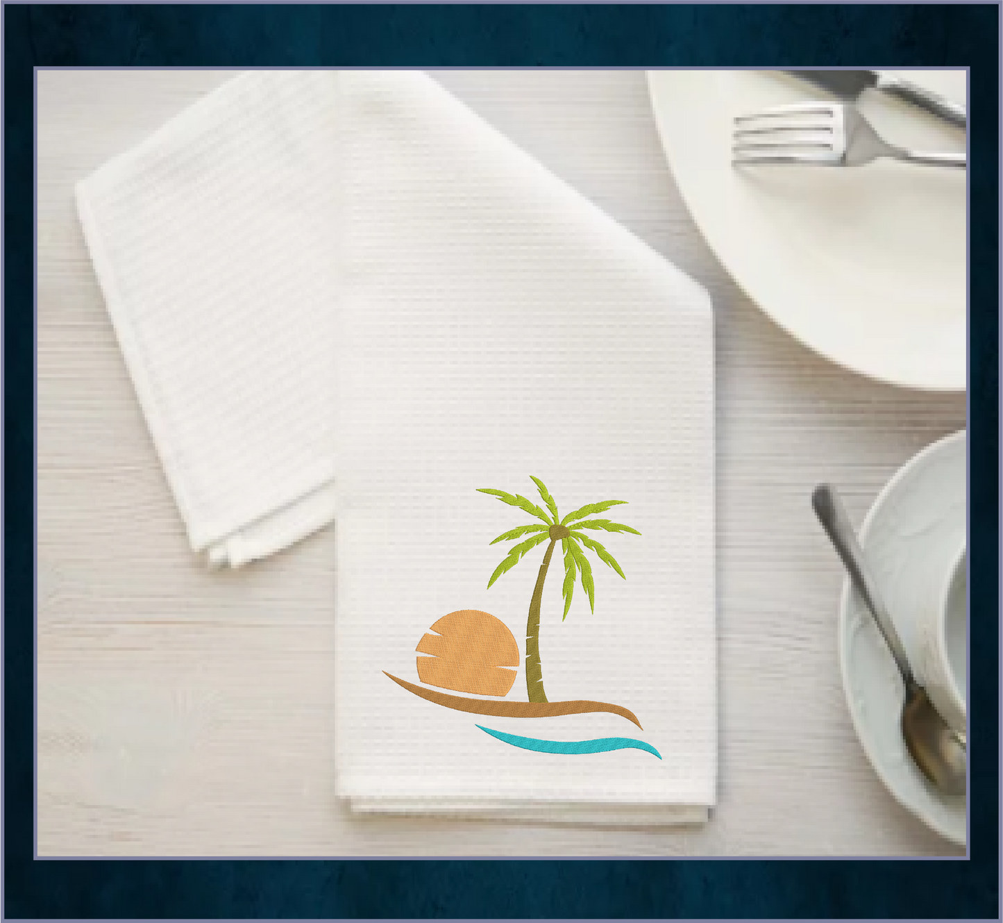 Tropical Island Machine Embroidery Design – Palm Tree & Sunset Patterns, 8 Sizes (0538)
