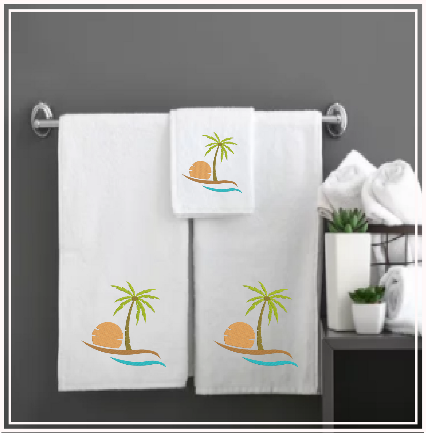 Tropical Island Machine Embroidery Design – Palm Tree & Sunset Patterns, 8 Sizes (0538)