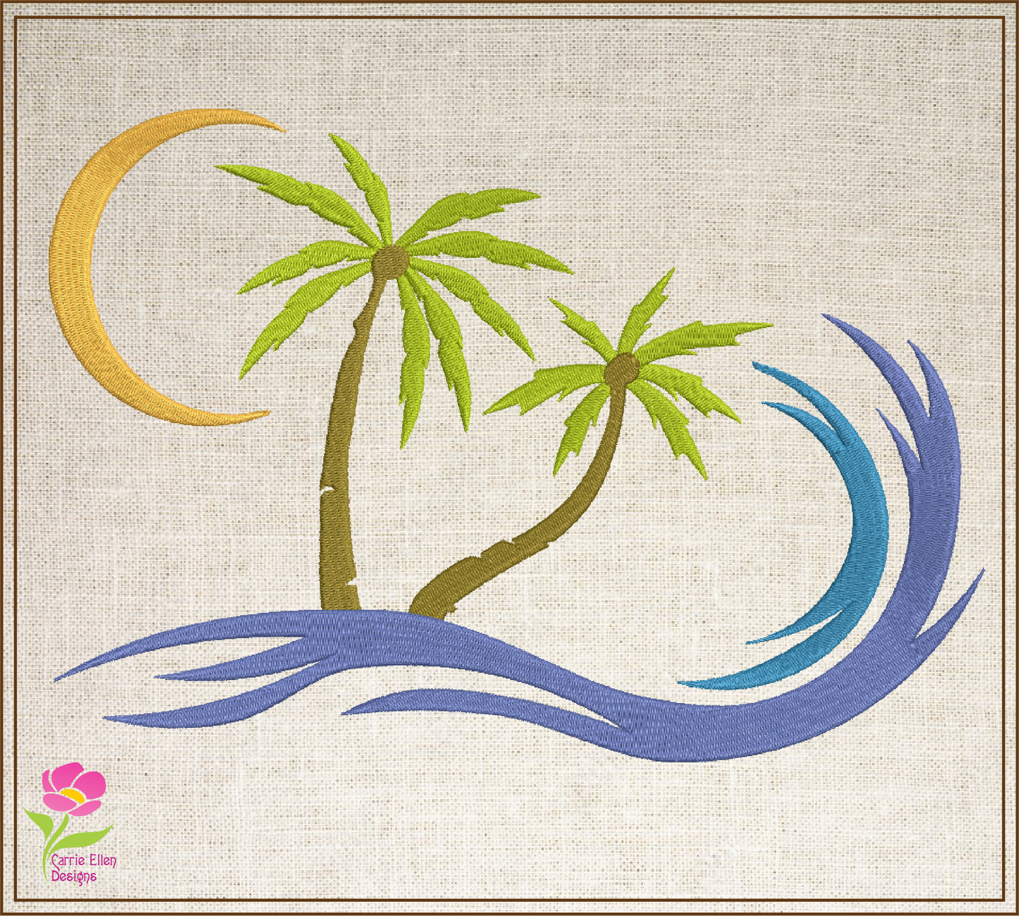 Tropical Island Machine Embroidery Design – Palm Tree & Sunset Patterns, 8 Sizes (0539)