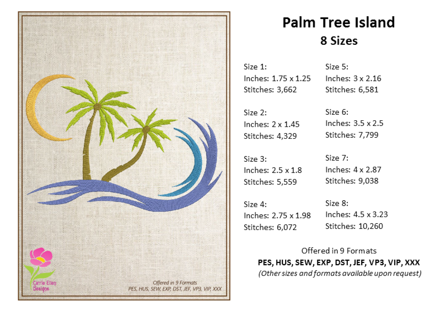 Tropical Island Machine Embroidery Design – Palm Tree & Sunset Patterns, 8 Sizes (0539)