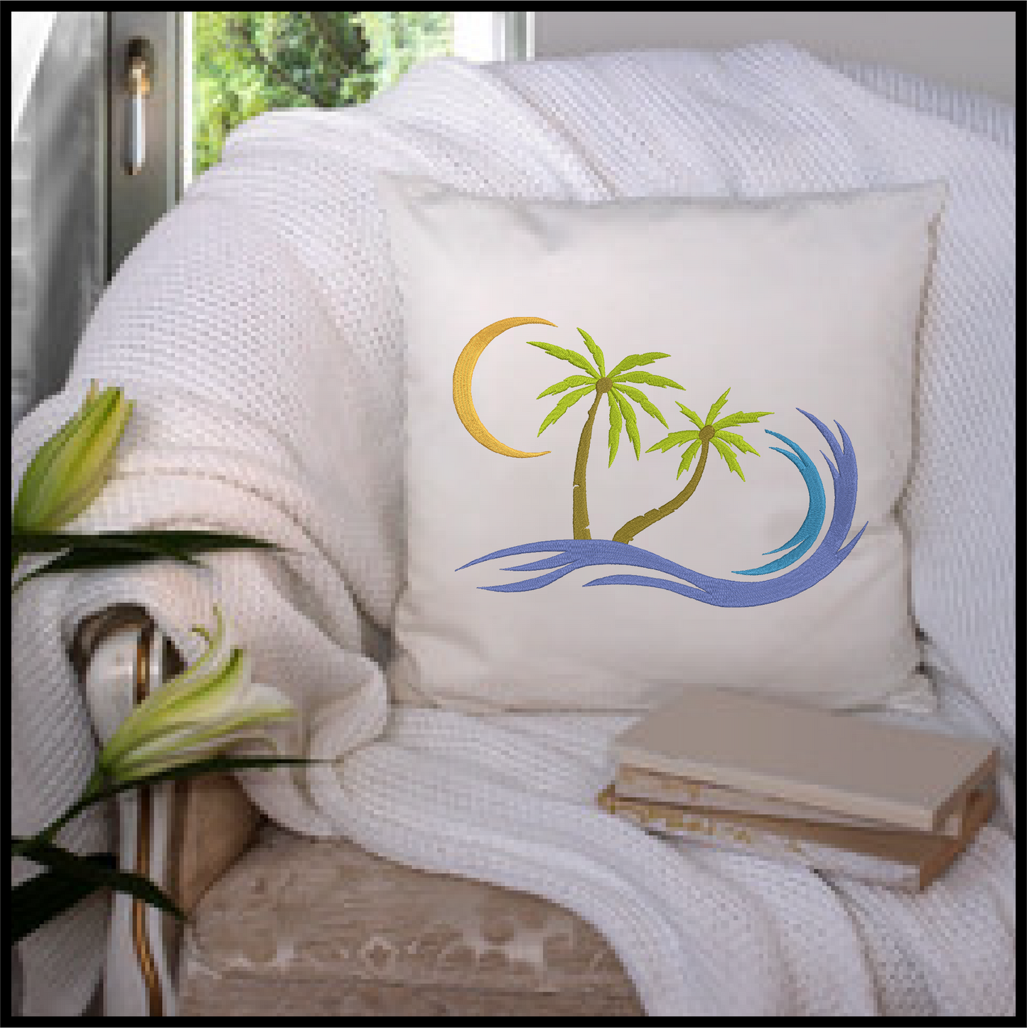 Tropical Island Machine Embroidery Design – Palm Tree & Sunset Patterns, 8 Sizes (0539)