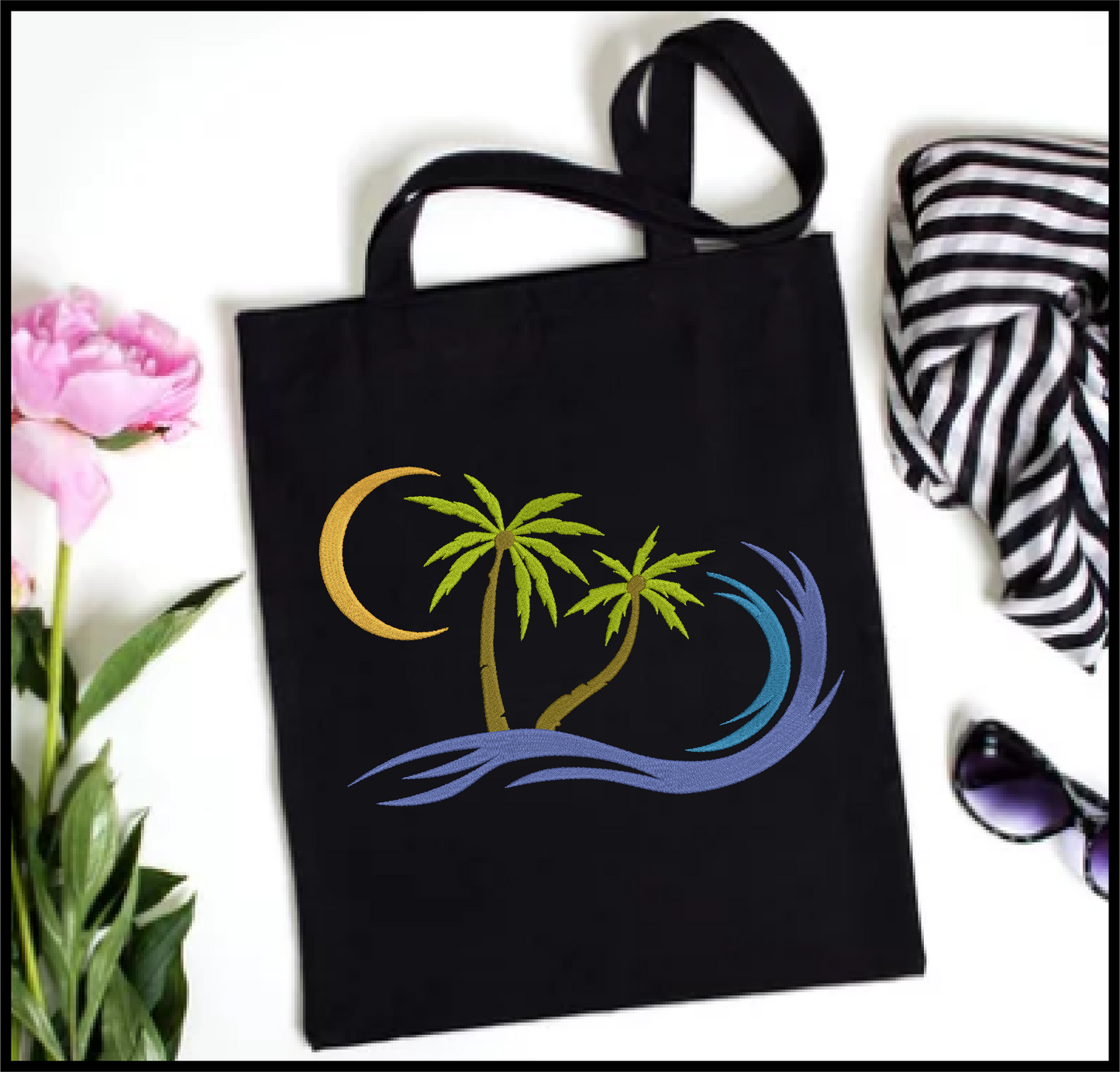 Tropical Island Machine Embroidery Design – Palm Tree & Sunset Patterns, 8 Sizes (0539)