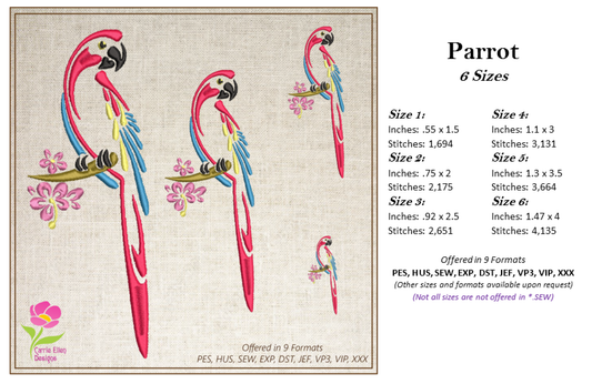 Parrot Machine Embroidery Design, Bird Embroidery Design, Tropical Jungle Bird Embroidery Design, 6 Sizes (0374)