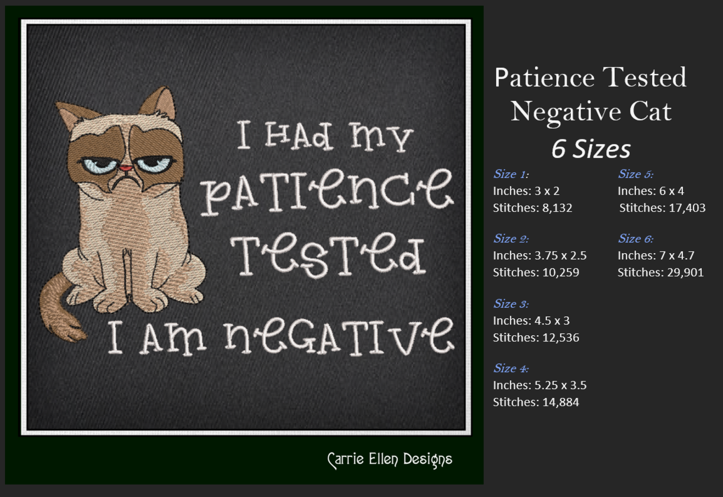 Grumpy Cat Machine Embroidery Design – Patience Tested Negative Sarcastic Funny Quote – 6 Sizes (1193)