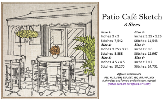 Patio Café Scene Machine Embroidery Design | Street Café Bistro Sketch | Restaurant City Landscape Design | 6 Sizes (0700)