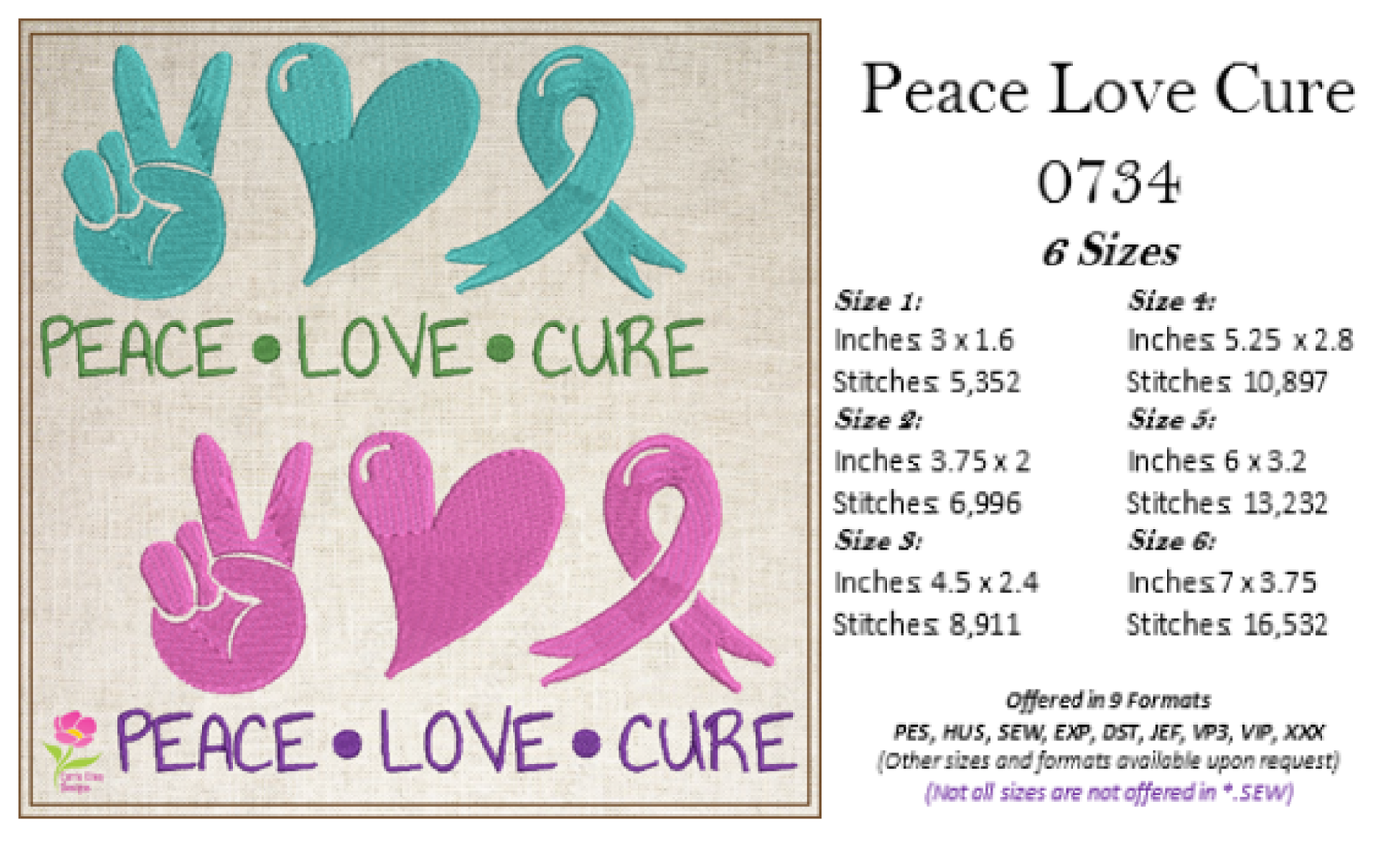 Peace Love Cure Machine Embroidery Design | Cancer Awareness Embroidery | Breast & Ovarian Cancer Support | 6 Sizes (0734)