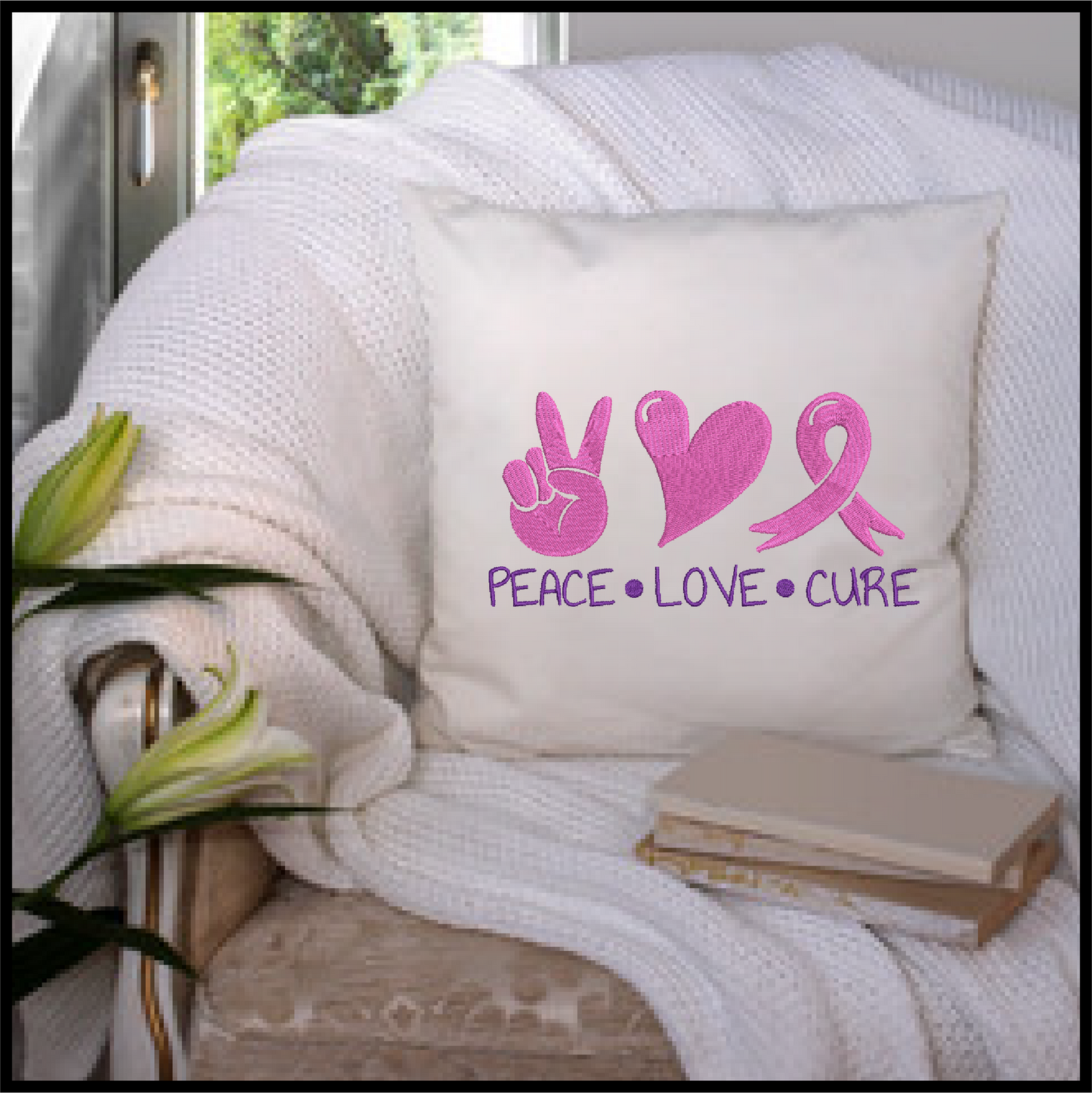 Peace Love Cure Machine Embroidery Design | Cancer Awareness Embroidery | Breast & Ovarian Cancer Support | 6 Sizes (0734)