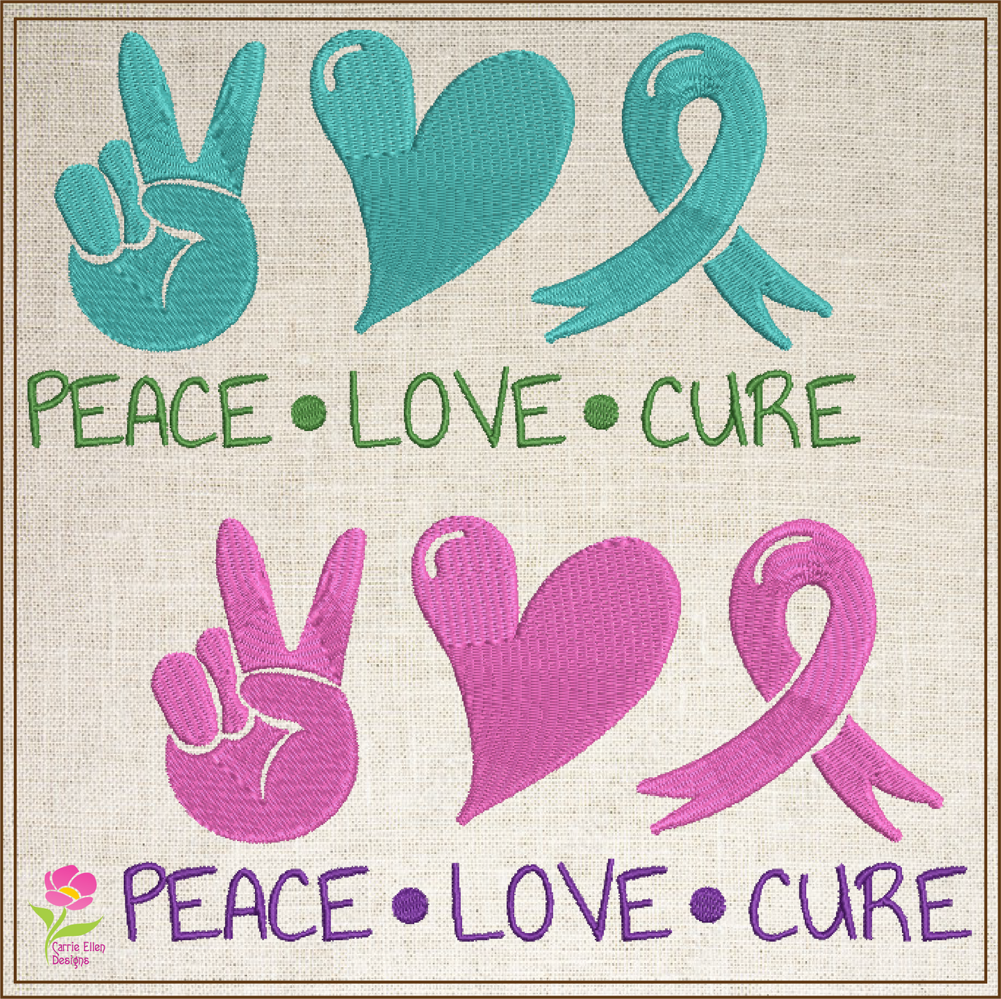 Peace Love Cure Machine Embroidery Design | Cancer Awareness Embroidery | Breast & Ovarian Cancer Support | 6 Sizes (0734)