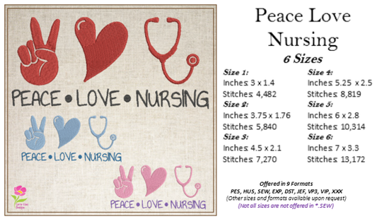 Peace Love Nursing Machine Embroidery Design | Nurse Support Embroidery | Nursing Sayings & Quotes | 6 Sizes (0751)