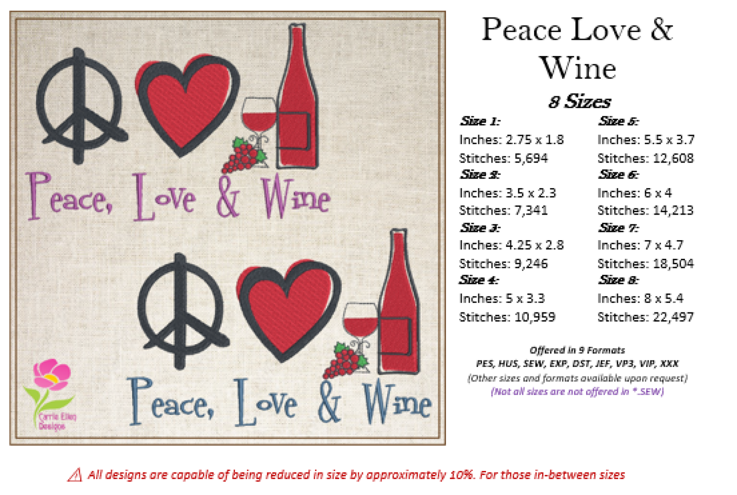 Peace Love Wine Machine Embroidery Design | Wine Lover Embroidery Pattern | Humorous Sayings and Quotes | 8 Sizes (0812)