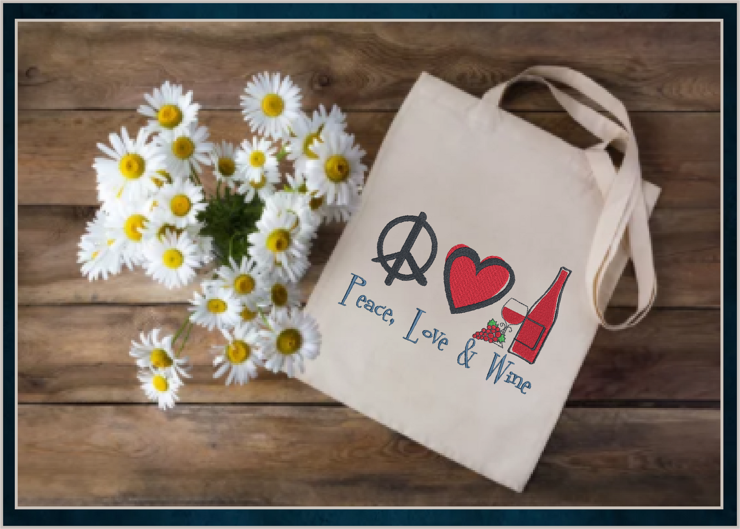 Peace Love Wine Machine Embroidery Design | Wine Lover Embroidery Pattern | Humorous Sayings and Quotes | 8 Sizes (0812)