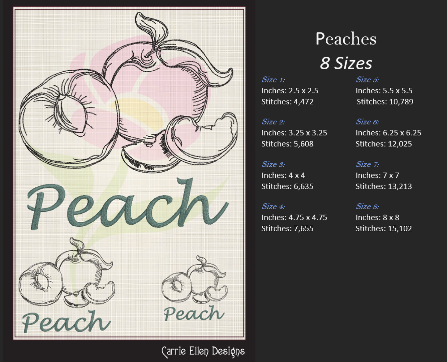 Fresh Peaches Machine Embroidery Design Bundle | Summer Fruit Embroidery | Orchard Fruits Design | 3 Designs, 8 Sizes Each (0966)