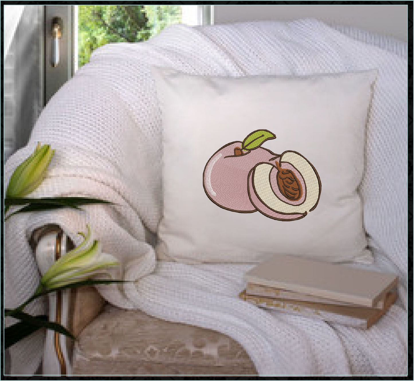 Fresh Peaches Machine Embroidery Design | Summer Fruit Embroidery | Orchard Fruits Design | 8 Sizes (0965)