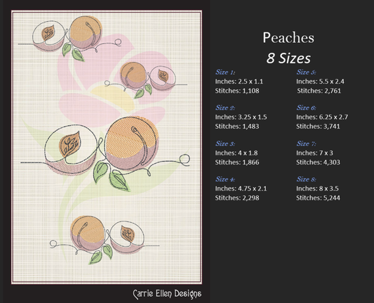Fresh Peaches Machine Embroidery Outline Design | Summer Fruit Embroidery | Orchard Fruits Design | 8 Sizes (0964)