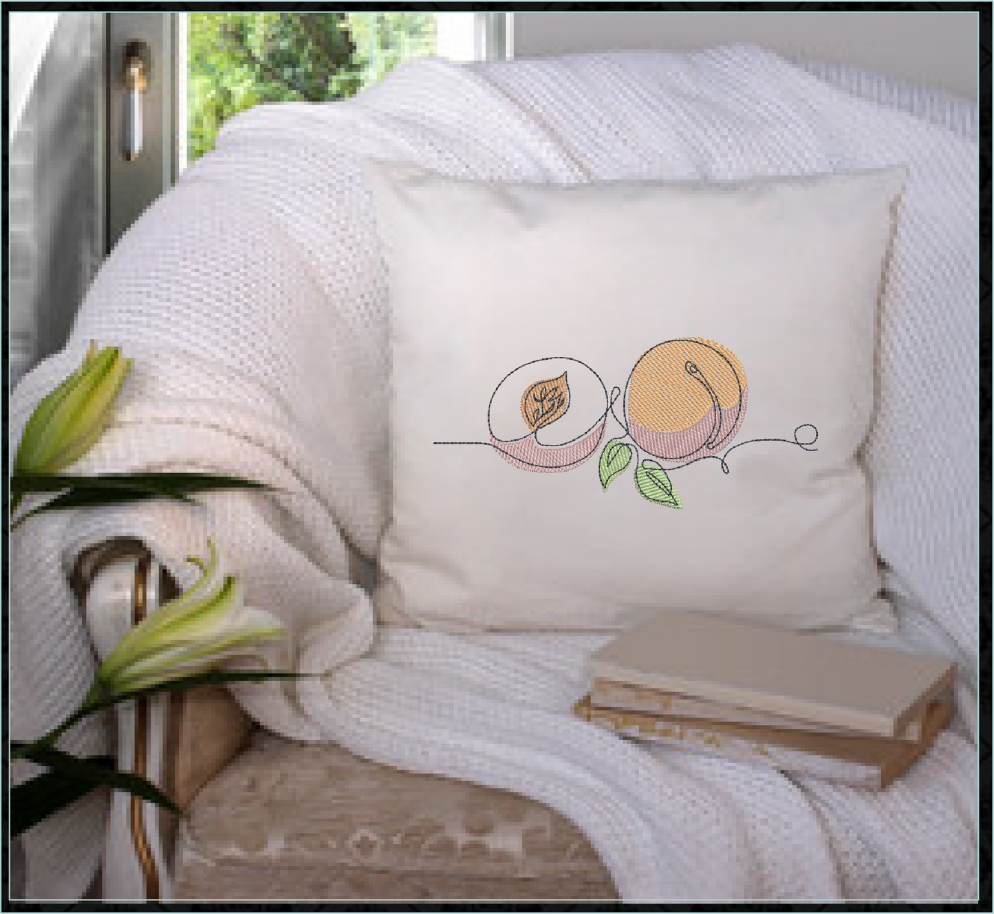 Fresh Peaches Machine Embroidery Outline Design | Summer Fruit Embroidery | Orchard Fruits Design | 8 Sizes (0964)