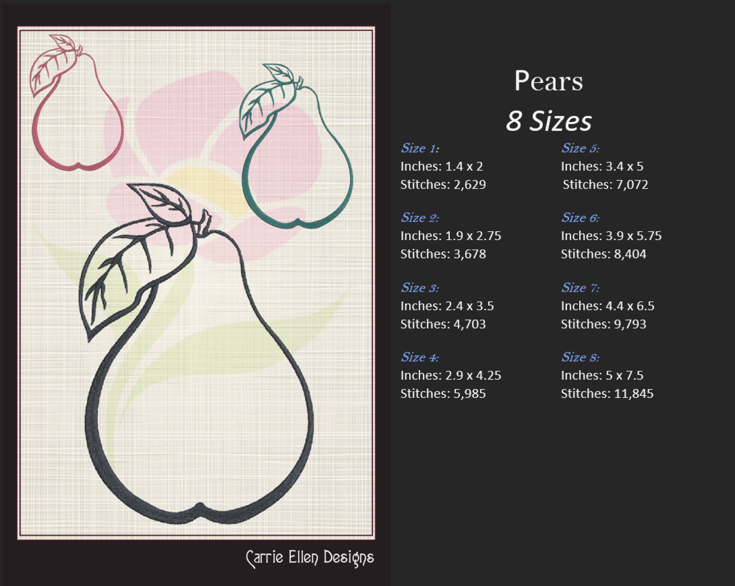 Fresh Pears Machine Embroidery Design | Orchard Fruits Outline | Summer Fruit Embroidery | 8 Sizes (0968)