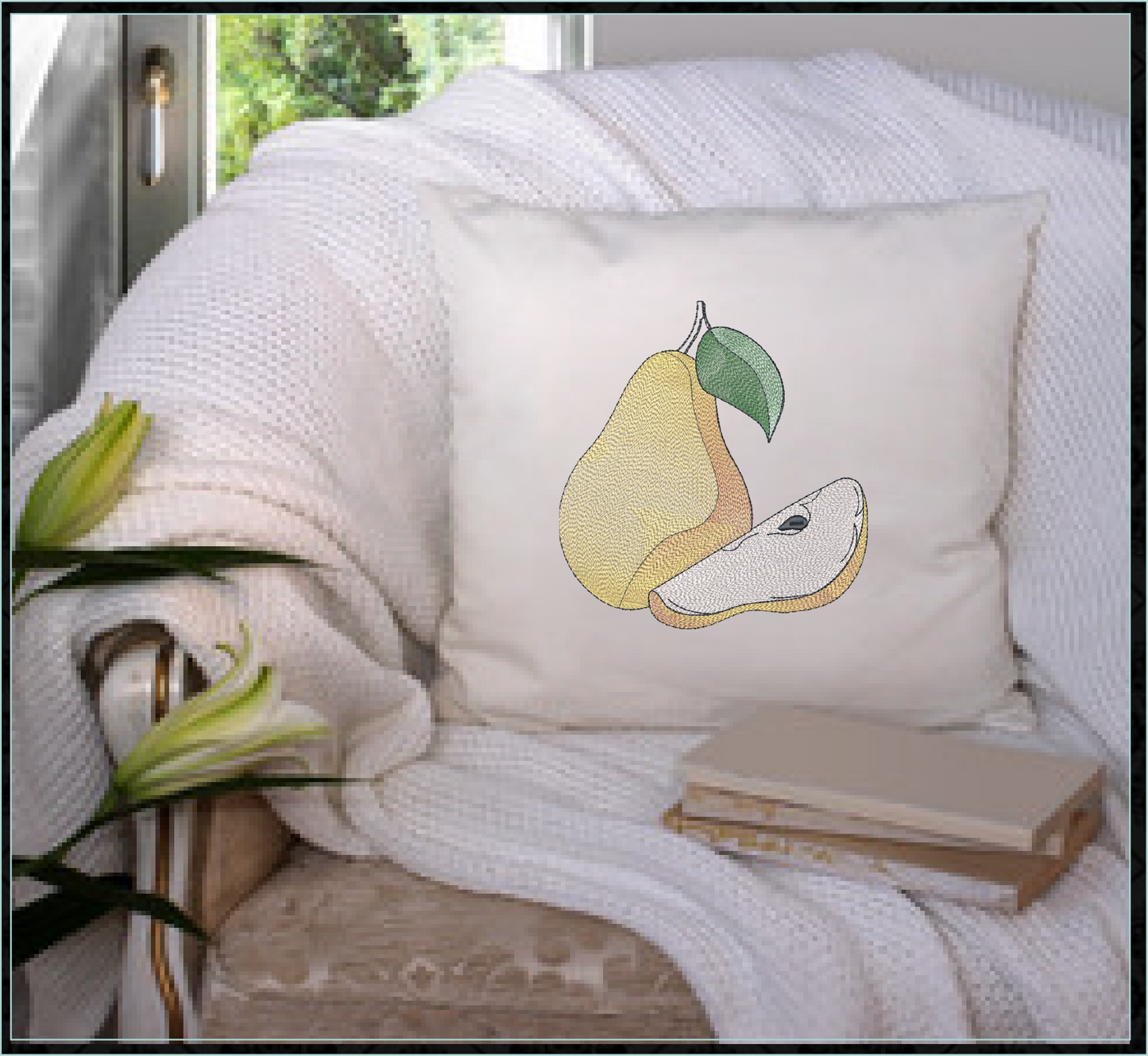 Fresh Pears Machine Embroidery Design | Summer Fruit Embroidery | Orchard Fruits Design | 8 Sizes (0967)