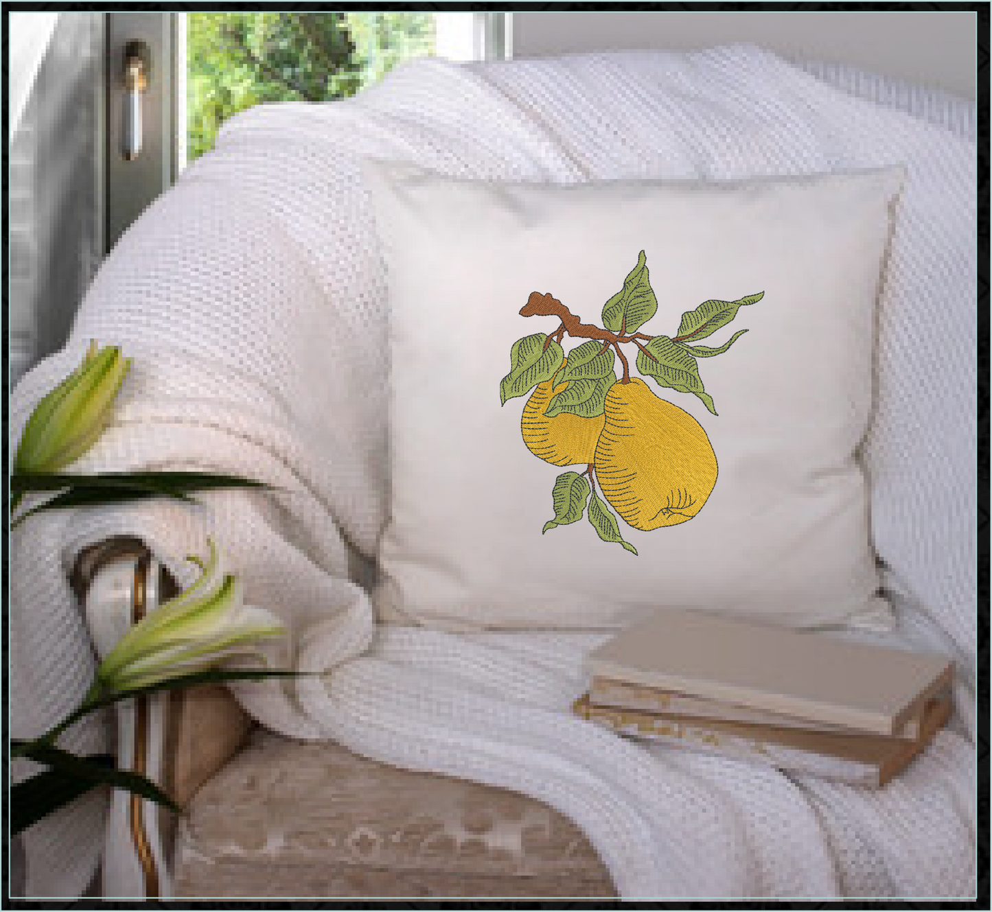 Fresh Pears Machine Embroidery Design | Summer Orchard Fruit Sketch | Farmhouse Kitchen Embroidery | 8 Sizes (0969)