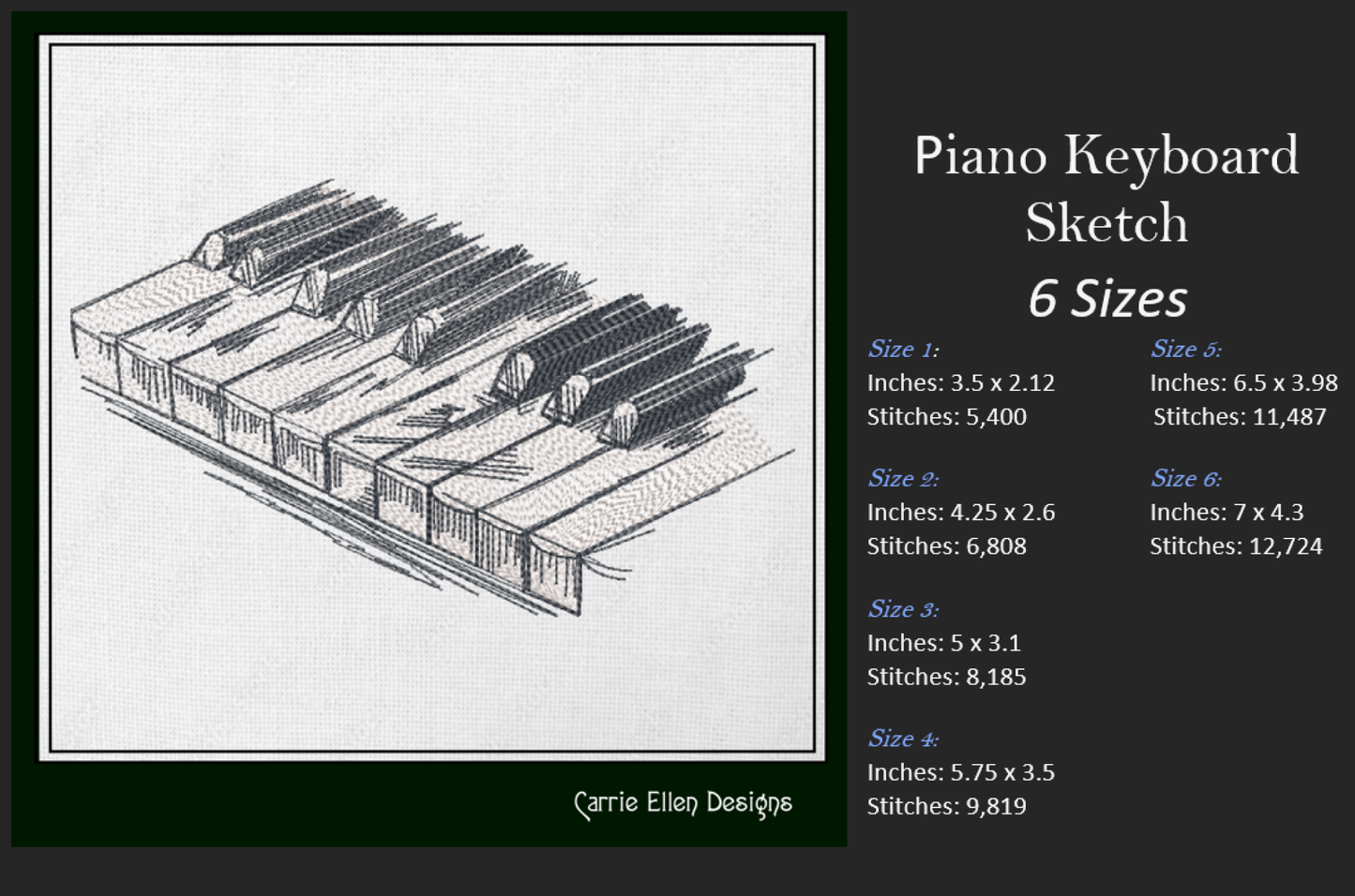 Piano Keyboard Machine Embroidery Design – Musical Instrument and Music Embroidery Pattern – 6 Sizes (1188)