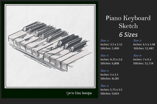 Piano Keyboard Machine Embroidery Design – Musical Instrument and Music Embroidery Pattern – 6 Sizes (1188)