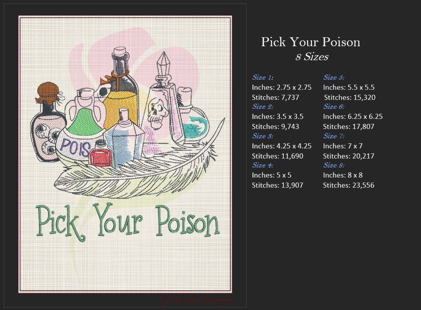 Pick Your Poison Machine Embroidery Design | Halloween Magic Potion Witches Brew | Spooky Embroidery Design | 8 Sizes (0897)