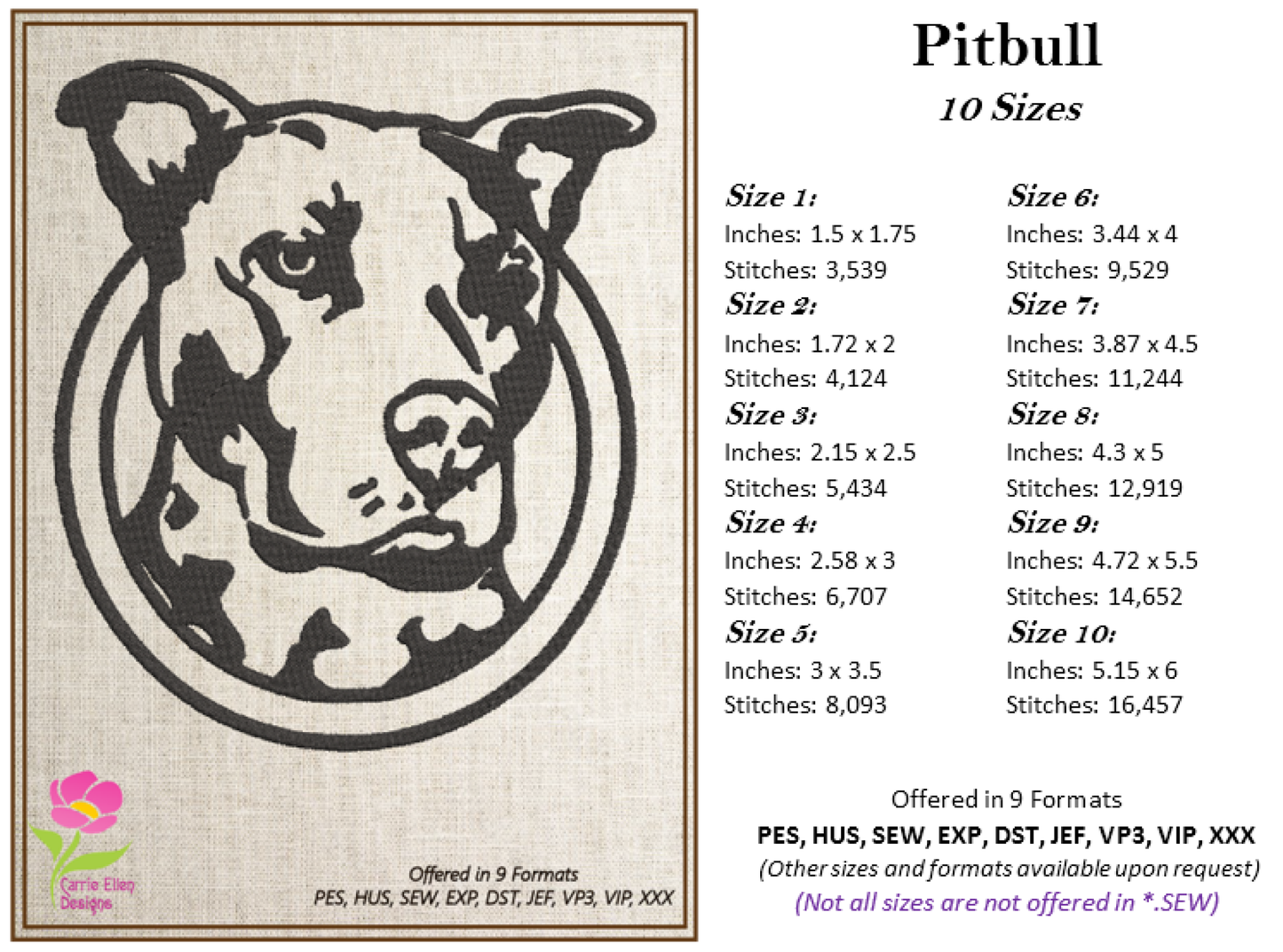 Pitbull Machine Embroidery Design Profile – American Pit Bull Terrier Dog Design, 10 Sizes (0513)
