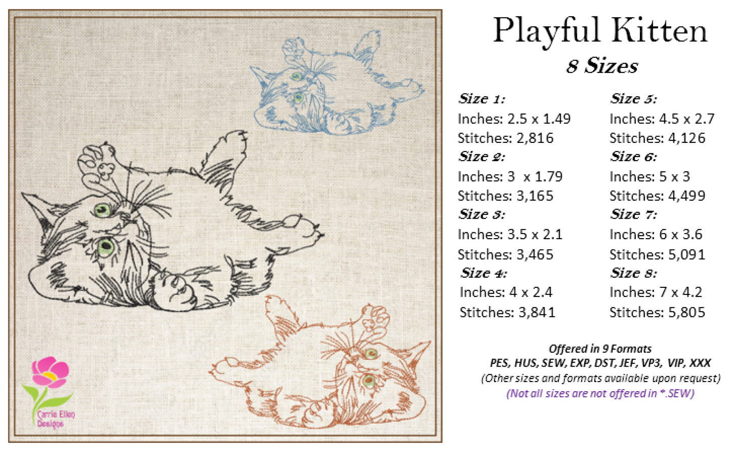 Playful Kitten Machine Embroidery Design, Cat Lover Embroidery Designs, Rub my Belly Kitten, 8 Sizes (0339)
