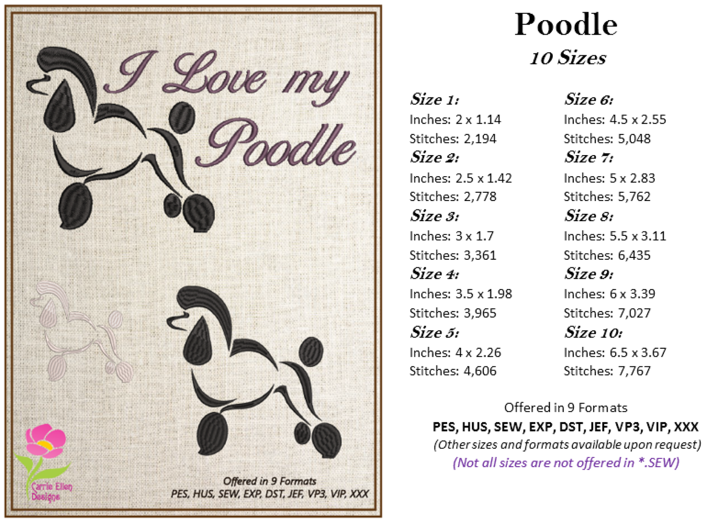 I Love My Poodle Machine Embroidery Design – Pet Poodle Saying, Dog Lover Stitch File, 10 Sizes (0144)