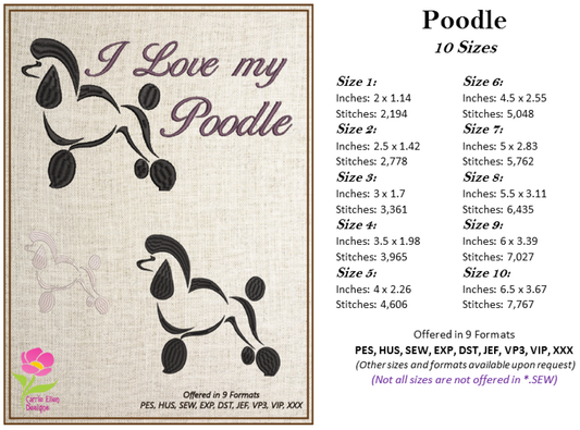 I Love My Poodle Machine Embroidery Design – Pet Poodle Saying, Dog Lover Stitch File, 10 Sizes (0144)