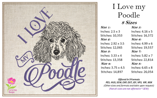 I Love My Poodle Machine Embroidery Design, Dog Embroidery Design, 8 Sizes (0350)