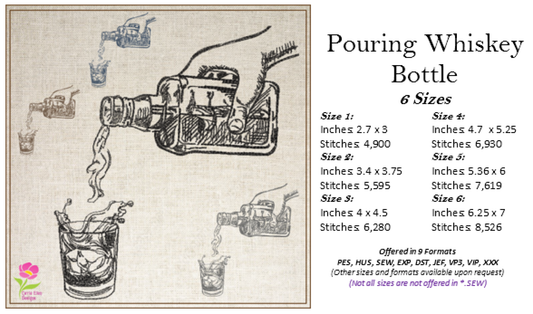 Pouring Whiskey Bottle Sketch Machine Embroidery Design | Liquor Alcohol Drink Sketch | 6 Sizes (0708)