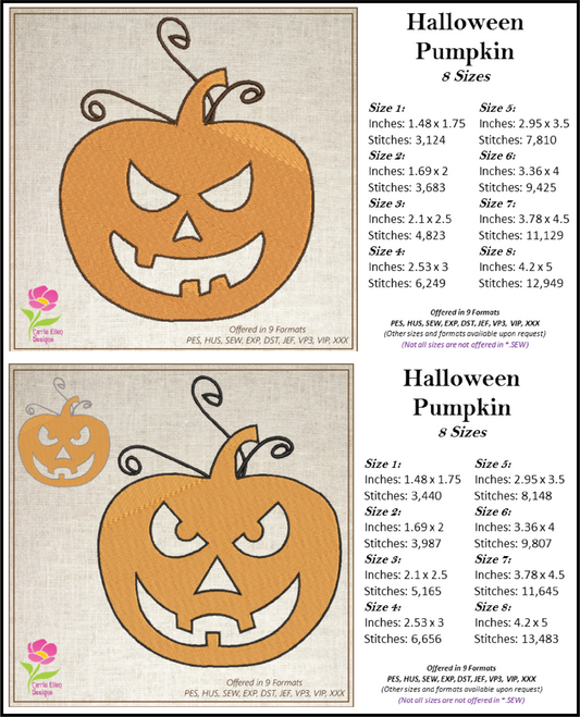 Many Faces of the Jack-O-Lantern Machine Embroidery Bundle – Funny and Whimsical Pumpkin Faces, 8 Designs, 8 Sizes Each Design (1055)