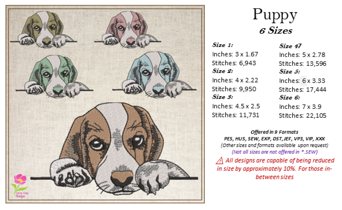 Puppy Machine Embroidery Design | Adorable Pet Dog Embroidery Pattern | Beagle Puppy Stitch File | 6 Sizes (0518)